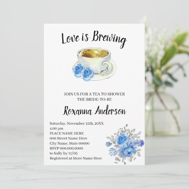 Invitación El amor es producir flores azules Tea Bridal Showe (Anverso de pie)