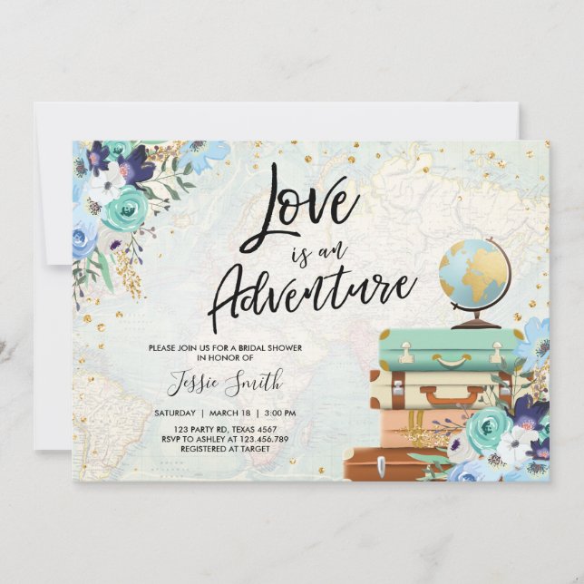 Invitación El amor es una aventura azul Floral Bridal Shower (Anverso)