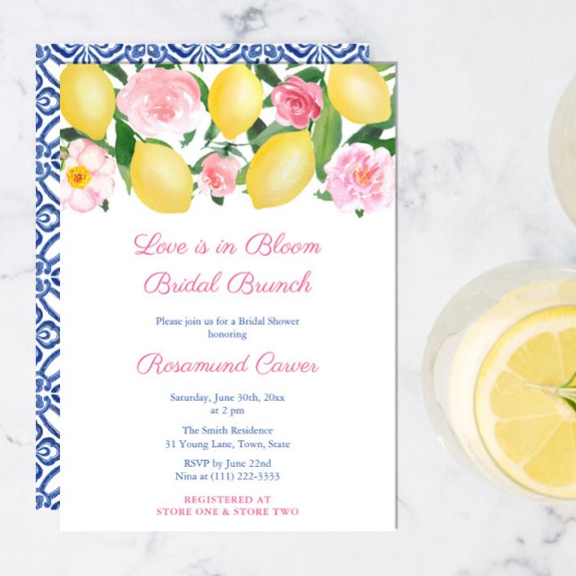 Invitación El Amor Está En Bloom Citrus Bridal Shower Brunch  (Love Is In Bloom Amore Lemons Pink Bridal Shower Brunch Party Invitation)