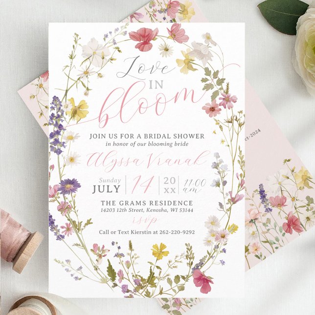 Invitación El Amor Está En Bloom Wildflower Garden Bridal Sho (Trendy modern cute Love is in Bloom wildflower pink floral garden wedding bridal shower invitation)