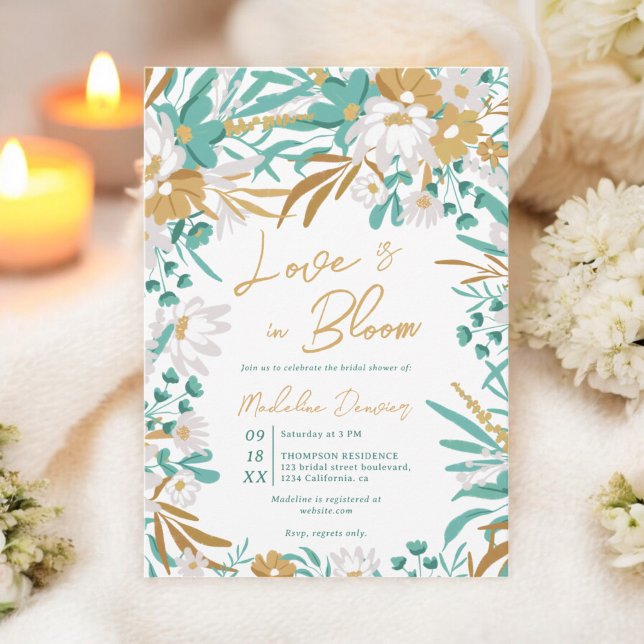 Invitación El amor está en floración Verde azulada Gold Flora (Love is in bloom Teal Gold Floral Bridal Shower Invitation)