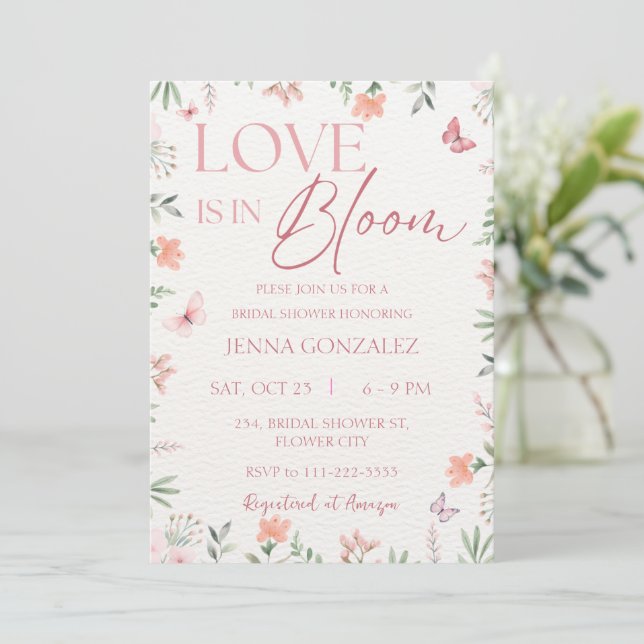 Invitación El amor está en la ducha de novias en flor silvest (Anverso de pie)