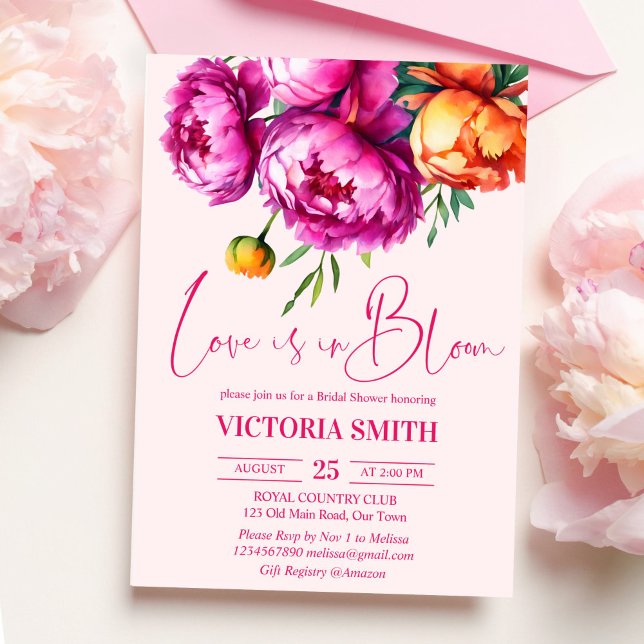 Invitación El amor está en la flor pink peonies ducha de novi (Love is in bloom bold pink peonies spring summer bridal shower invitation template instant download)