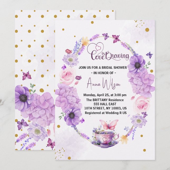 Invitación El amor está fraguando lilac Corazón Floral ducha  (Anverso / Reverso)