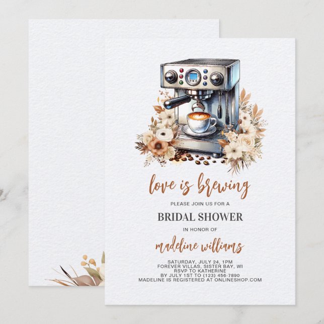 Invitación El amor está preparando café, ducha de novia flora (Anverso / Reverso)