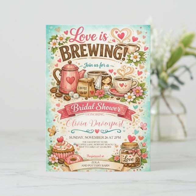Invitación El amor está preparando café Té de boda dibujado a (Anverso de pie)