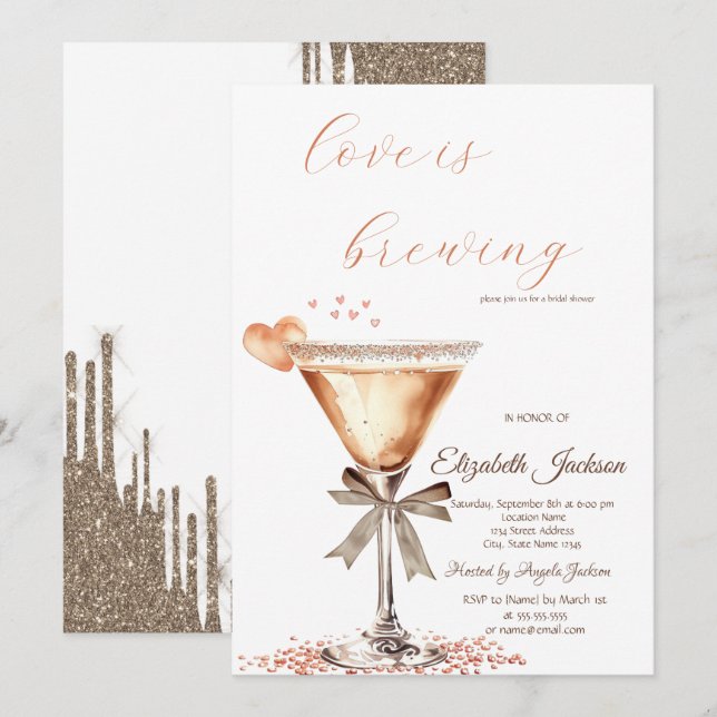Invitación El amor está preparando Martini Heart Glitter Drip (Anverso / Reverso)
