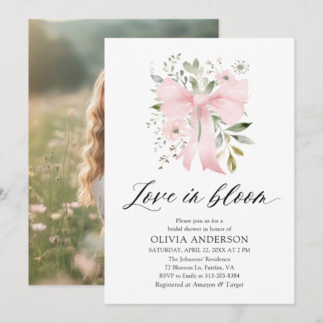 Invitación El amor floral rosado moderno en ducha de novias e (Anverso / Reverso)