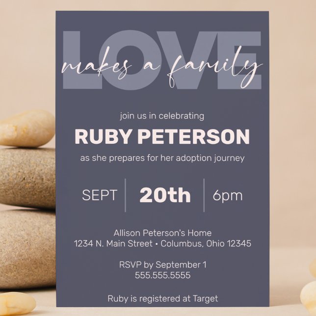 Invitación "El amor hace una familia" ducha moderna de adopci ("love makes a family" Purple cute modern child / baby adoption shower invitation customizable)
