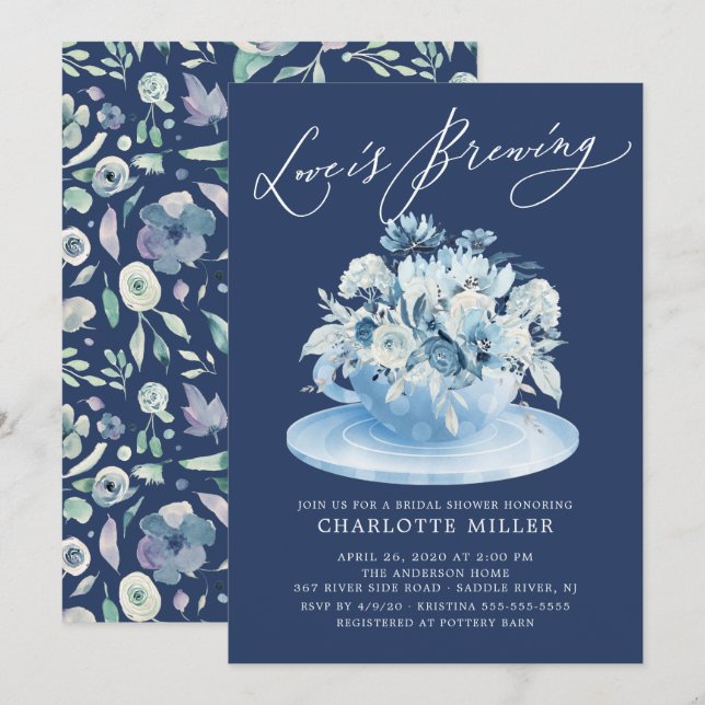 Invitación El amor se está fabricando Blue Floral Bridal Tea  (Anverso / Reverso)