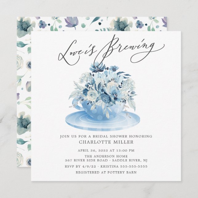 Invitación El amor se está fabricando Blue Floral Bridal Tea  (Anverso / Reverso)