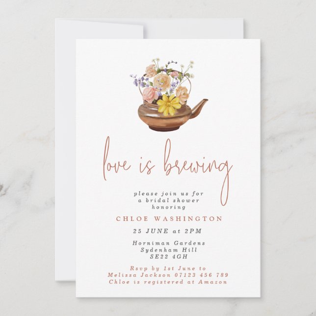 Invitación El amor se está fabricando una tetera floral y una (Anverso)