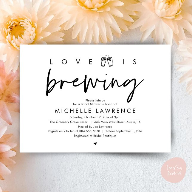 Invitación El amor se está fraguando, Fiesta de cerveza de la (Love is brewing, Gorgeous Bridal Shower Beer Party modern Invitation card pdf in black white)