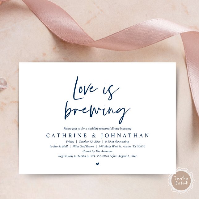 Invitación El amor se está gestando, Boda ensayo Cena Invitat (Love is Brewing, Wedding Rehearsal Invitation Card, pdf, Beer Wine Party, in Navy Blue)