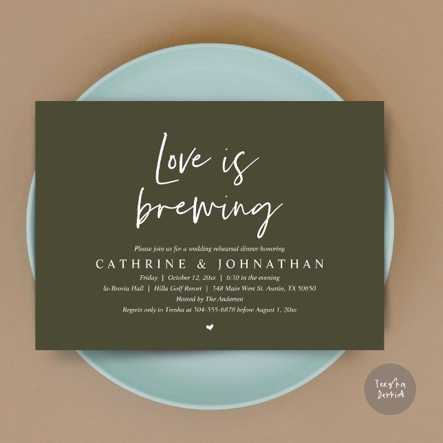 Invitación El amor se está gestando, Boda ensayo Cena Invitat (Love is Brewing, Wedding Rehearsal Invitation Card, pdf, Beer Wine Party, in Olive Green)