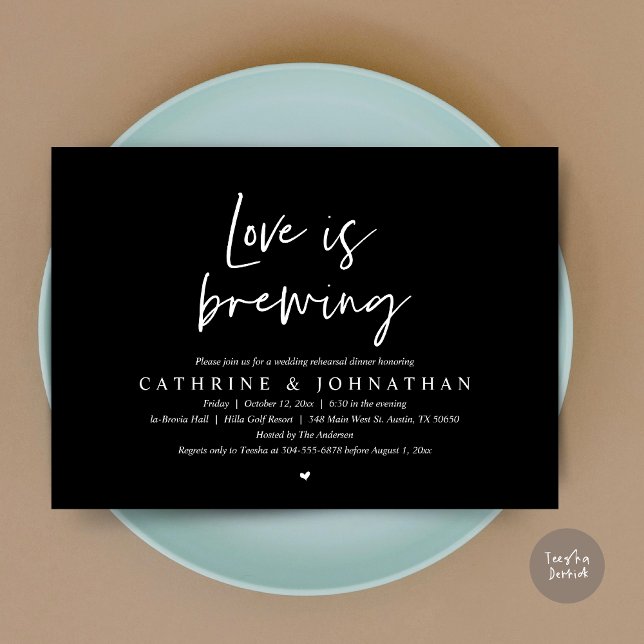 Invitación El amor se está gestando, Boda ensayo Cena Invitat (Love is Brewing, Wedding Rehearsal Invitation Card, pdf, Beer Wine Party, in Elegant Black)