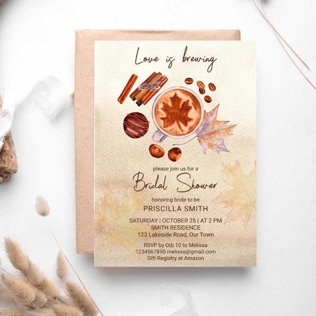 Invitación El amor se está gestando otoño ducha de novia (Fall bridal shower template invitation love is brewing cup of hot chocolate cinnamon spice maple)