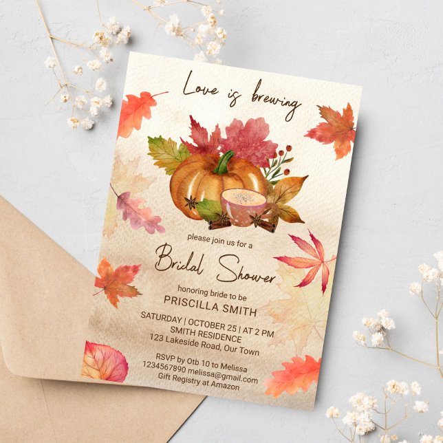 Invitación El amor se está gestando otoño ducha de novia (Love is brewing fall bridal shower template invitation watercolor pumpkin cup of tea maple leaves)