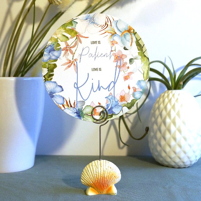 Invitación El amor tropical azul es el Rótulo del paciente Bo (love is patient love is kind sign tropical blue hibiscus flowers wedding green banana leaves)