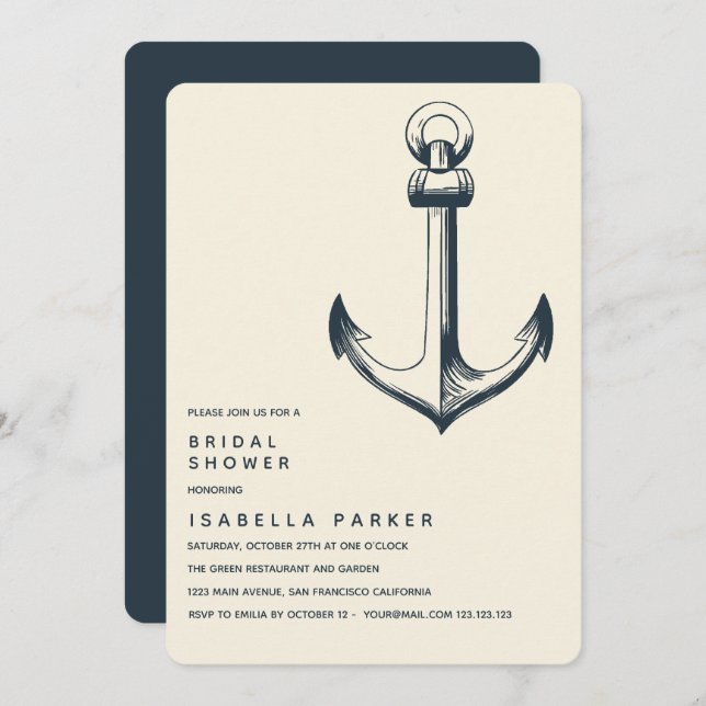 Invitación El ancla azul | Boda Bridal Shower (Anverso / Reverso)