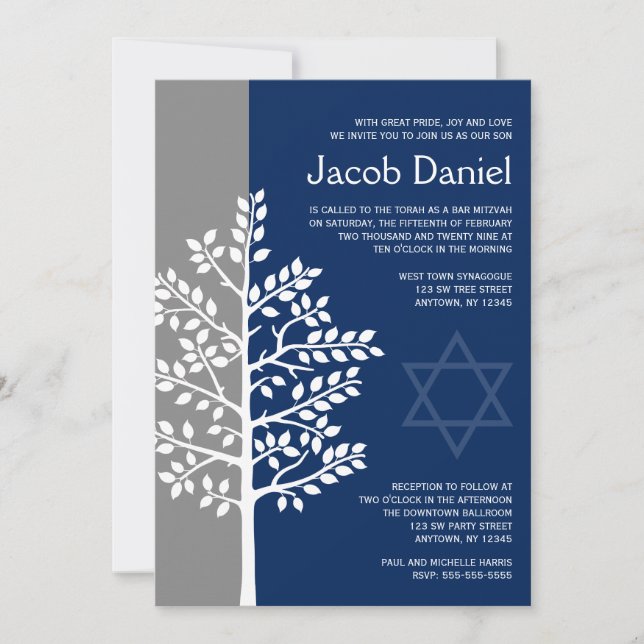 Invitación El Árbol de la Marina Gris del Bar Mitzvah Invitac (Anverso)