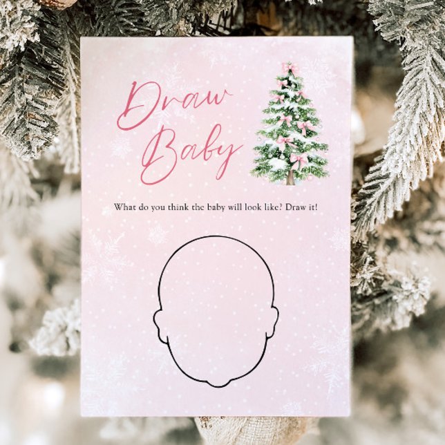 Invitación El árbol de Navidad rosado se torna con Baby Showe (Pink Bow Christmas Tree Baby Shower Draw Baby Game)