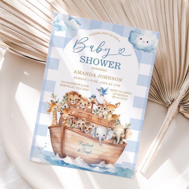 Invitación El Arca Azul de Noé Cute Gingham Boho Baby Shower (Subido por el creador)