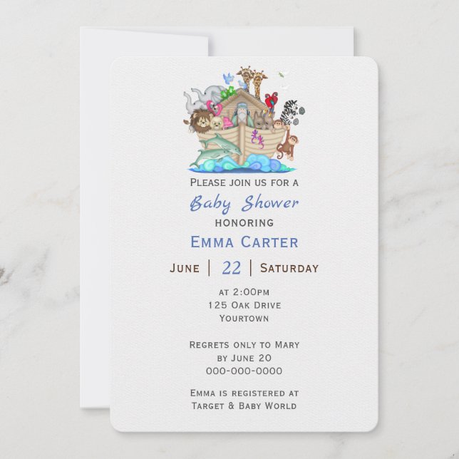 Invitación El Arca de Noé con los Animales Baby Shower (Anverso)