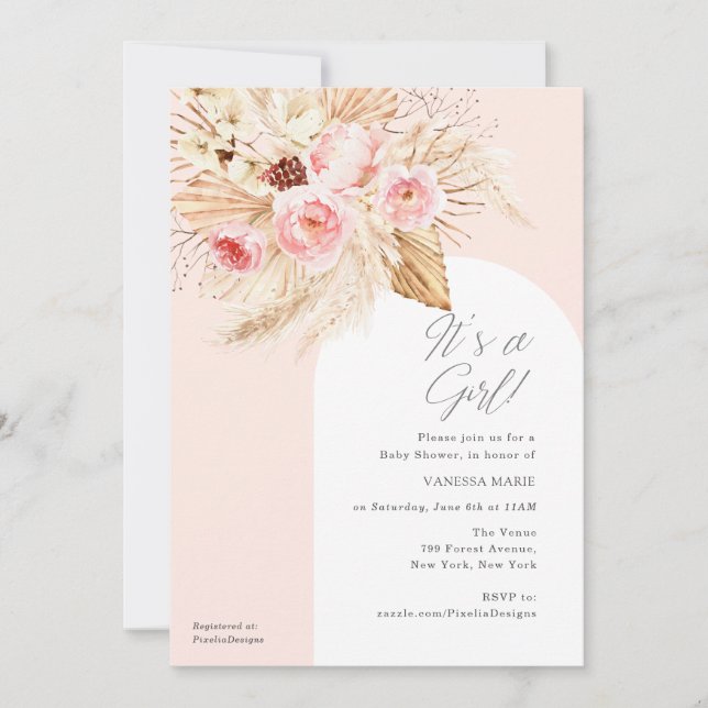 Invitación El arca rosa moderno Boho Floral Pampas es un chic (Anverso)