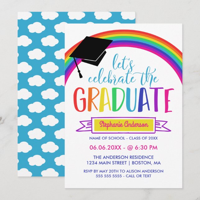 Invitación El arco iris nos dejó celebrar al graduado (Anverso / Reverso)