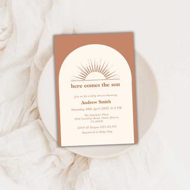 Invitación El Arco Mínimo Del Boho Aquí Viene El Baby Shower  (Minimal Boho Arch Here Comes The Son Baby Shower Invitation)