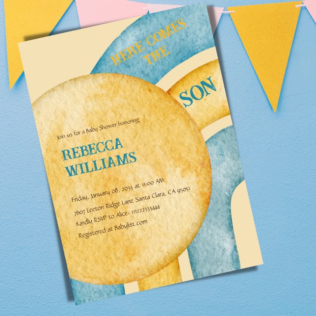 Invitación El arcoiris azul amarillo retro llega a Baby Showe (Subido por el creador)