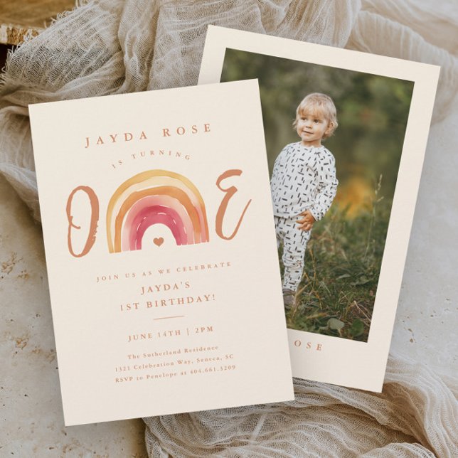 Invitación El arcoiris boho un primer cumpleaños (Boho rainbow one 1st first photo birthday party invitation.)