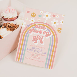 Invitación El arcoiris Chica Groovy Retro 1 cumpleaños