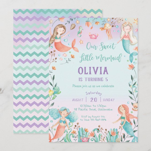 Invitación El arcoiris de cumpleaños de la sirena bajo el mar (Anverso / Reverso)