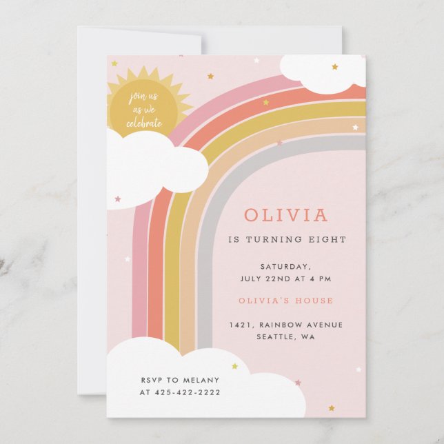 Invitación El arcoiris, el sol y las nubes de niños cumpleaño (Anverso)