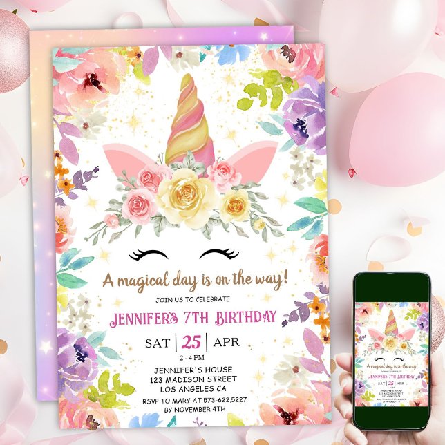 Invitación El arcoiris floral de unicornio (#UnicornBirthdayInvitation #UnicornBirthdayInvitationTemplate #UnicornBirthdayInvitationEditable 

)