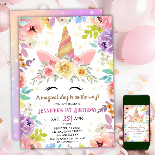 Invitación El arcoiris floral del primer cumpleaños del Chica (#UnicornBirthdayInvitation #UnicornBirthdayInvitationTemplate #UnicornBirthdayInvitationEditable
)