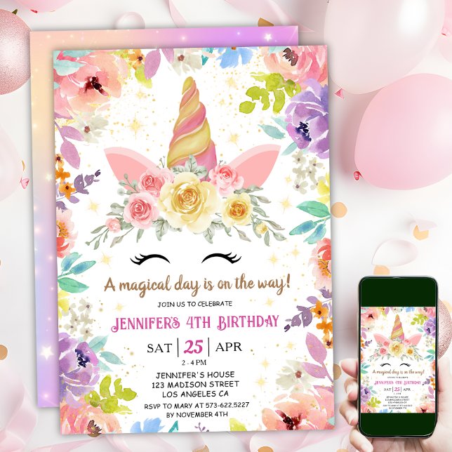 Invitación El arcoiris floral unicornio de 4 cumpleaños (#UnicornBirthdayInvitation #UnicornBirthdayInvitationTemplate #UnicornBirthdayInvitationEditable )