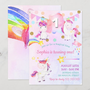 Invitación El arcoiris mágico del primer cumpleaños del Chica