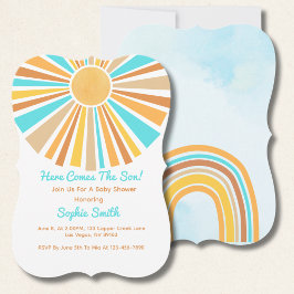 Invitación El arcoiris retro del sol, aquí viene el hijo