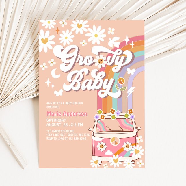 Invitación El arcoiris rosado Hippie Groovy Van Baby Shower (Subido por el creador)
