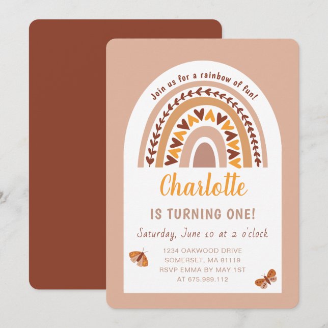 Invitación El arcoiris rosado moderno primer cumpleaños (Anverso / Reverso)