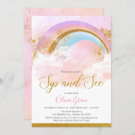 Invitación El arcoiris siega y ve oro rosa pastel chica