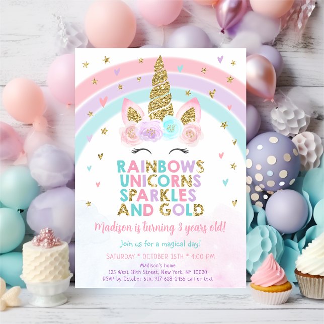 Invitación El arcoiris unicornio paraliza el cumpleaños del o (Subido por el creador)