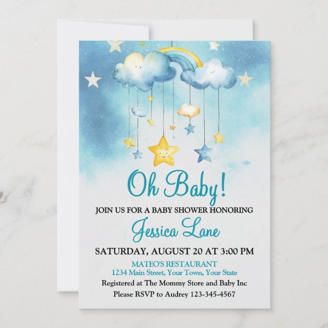 Invitación El arcoiris y el Baby Shower de Stars Boy (Anverso)