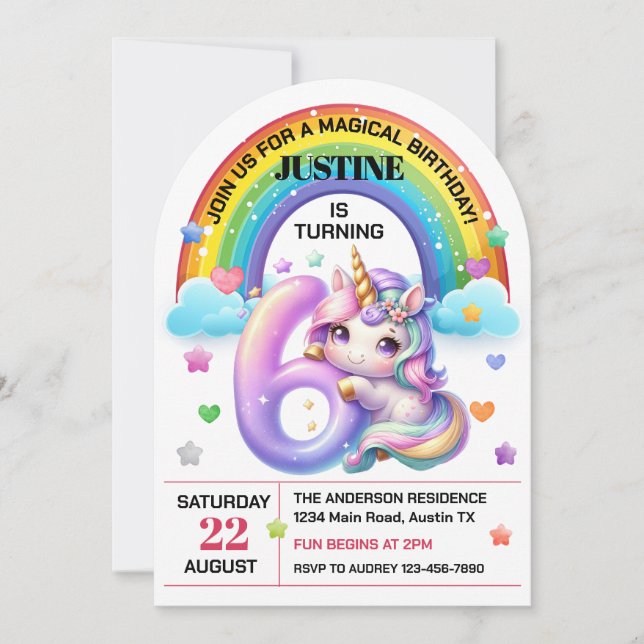 Invitación El arcoiris y la fiesta de cumpleaños número 6 de  (Anverso)