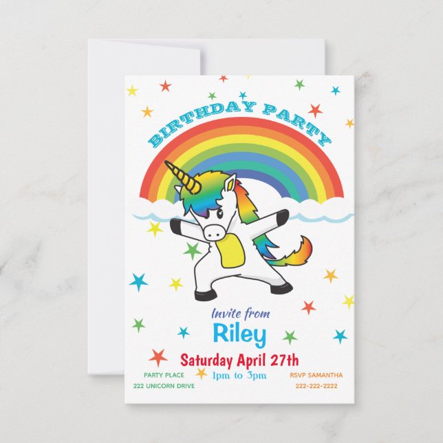 Invitación El arcoiris y las estrellas de Unicornio bailando  (Anverso)