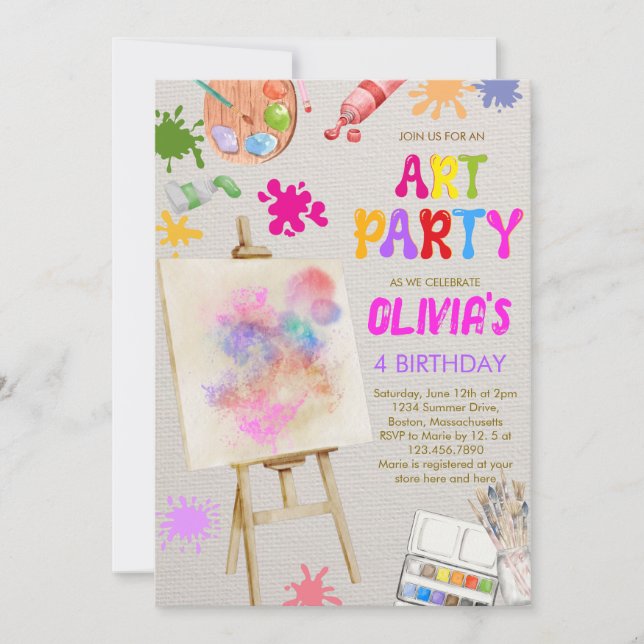 Invitación El arte en el cumpleaños del Fiesta (Anverso)