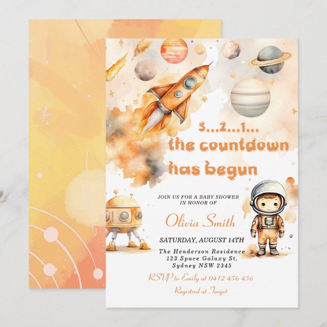 Invitación El astronauta espacial planets Boy Baby Shower (Anverso / Reverso)